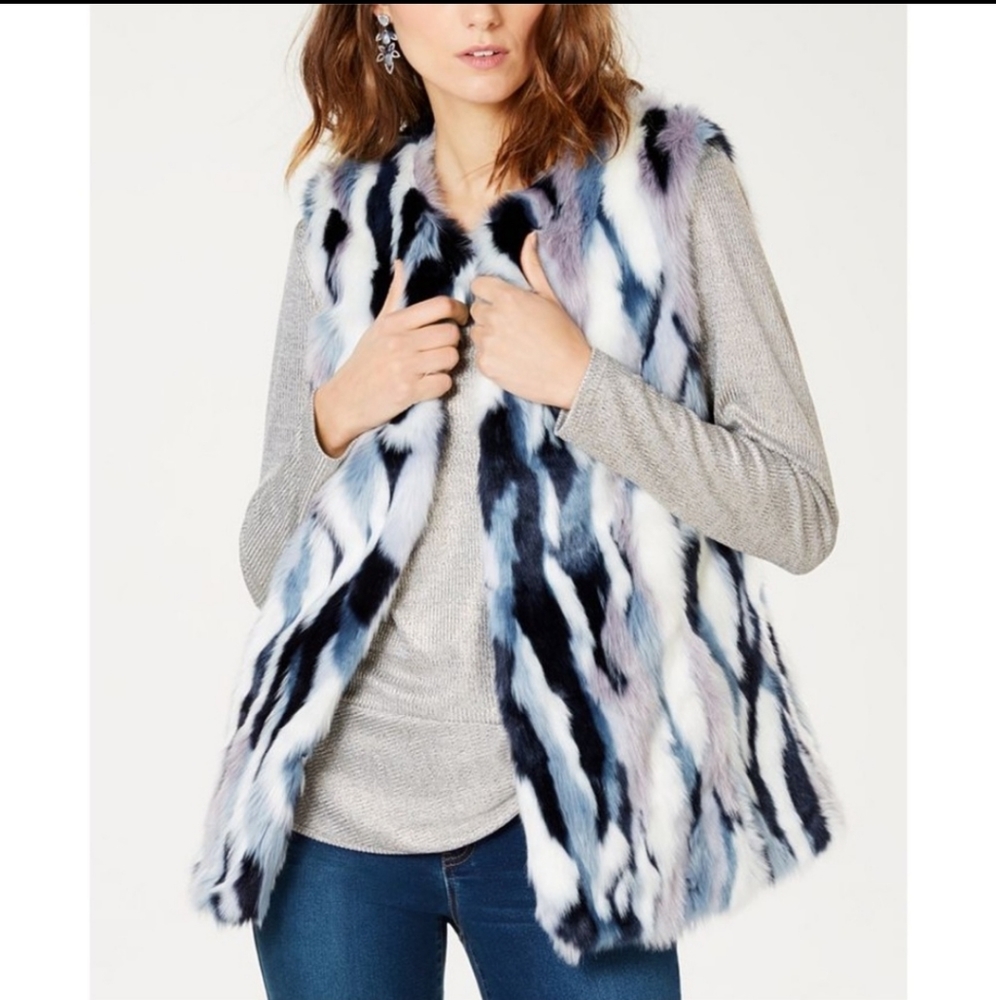 INC International Faux Fur Patchwork Vest Dusk S P New